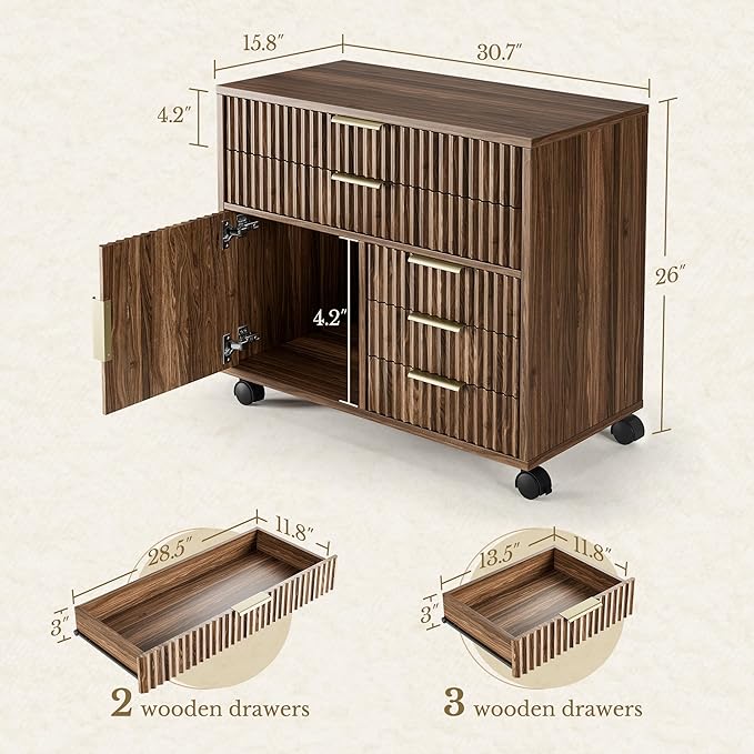 Home Office Furniture Set, Fluted Wooden File Cabinet with Locable Wheels, Filing Cabinet with 5 Drawers for Home Office, Black Walnut