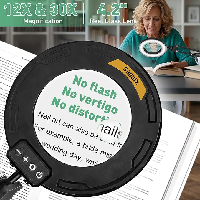 12X & 30X Magnifying Glass with Light, 3 Section Long Swing Arm LED Desk Lamp with Large Clamp, 5 Color and Brightness Magnifier Light for Workbench Crafts (12X&30X 35in Circular Button Clamp)