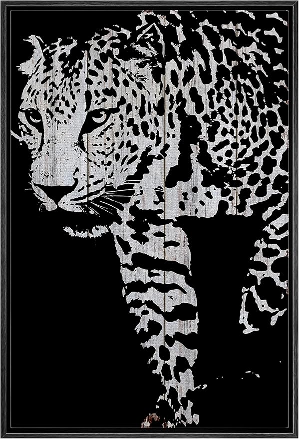 IDEA4WALL Framed Canvas Print Wall Art Grayscale Spotted Leopard on Wood Panels Animals WildLife Illustrations Modern Art Tropical Portrait Dark for Living Room, Bedroom, Office - 16"x24" BLACK