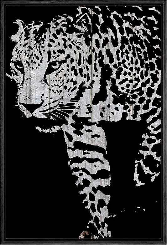 IDEA4WALL Framed Canvas Print Wall Art Grayscale Spotted Leopard on Wood Panels Animals WildLife Illustrations Modern Art Tropical Portrait Dark for Living Room, Bedroom, Office - 24"x36" BLACK