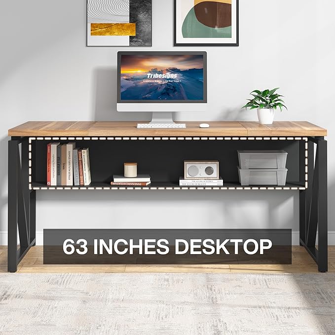 Tribesigns 63 inches Computer Desk with Bottom Storage Shelf Home Office Desk Writing Table for Workstation, Dark Walnut + Steel Leg, Cabinet not Included (Walnul, 63-inch-with Shelf)