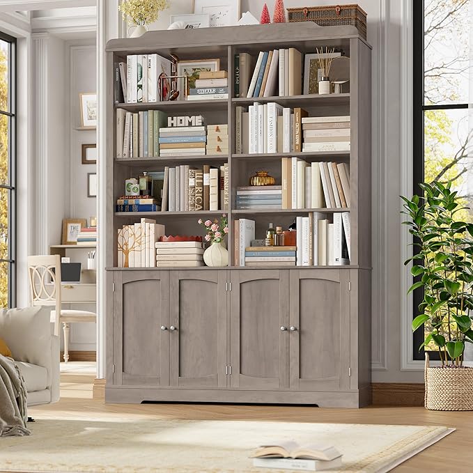 FACBOTALL 73.1" Tall Bookcase and Bookshelf, Wide Bookshelf with Doors and Adjustable Shelves, 6 Tier Large Bookshelfs with Storage, Tall Storage Cabinet for Living Room, Home Office, Wash Gray