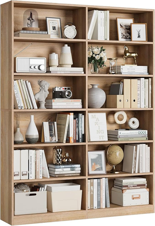FACBOTALL Bookshelf and Bookcase, 6-Tier Double Wide Bookshelves,Freestanding Display Storage Shelves, Tall Bookcases for Home Decor Bedroom, Living Room, Home Office, Light Oak