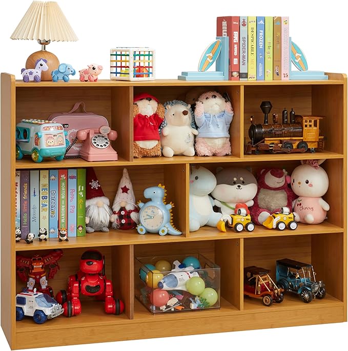 3-Tier Bookshelf, 8-Section Wooden Bookcase, Storage Organizer with Anti-Tilt Device, Modern Storage Display Cabinet for Living Room, Classroom, Kid’s Room (Natural), FJHL-011YE