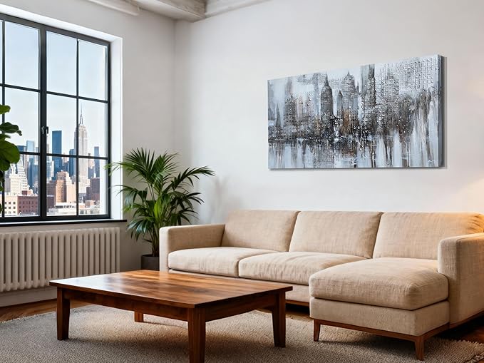 Arjun Abstract Cityscape Canvas Wall Art - New York City Modern Wall Decor, NYC Urban Skyline Painting Grey and White Textured Framed Large Artwork Living Room Bedroom Home Office 40"x20"