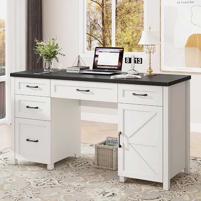 Vabches Farmhouse 61'' Executive Desk with 5 Drawers, Rustic Office Desk Computer Desk with Charging Station, File Drawers and Storage Cabinet, Wood Workstation for Home Office and Study.(Black Top)