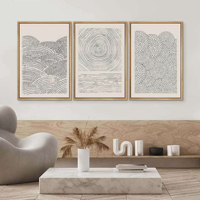 SIGNWIN Framed Canvas Print Wall Art Set Geometric Spiral Ring Wave Pattern Abstract Shapes Cozy Neutral Modern Art Decorative Contemporary Minimal for Living Room, Bedroom, Office - 24"x36"x3 Natural