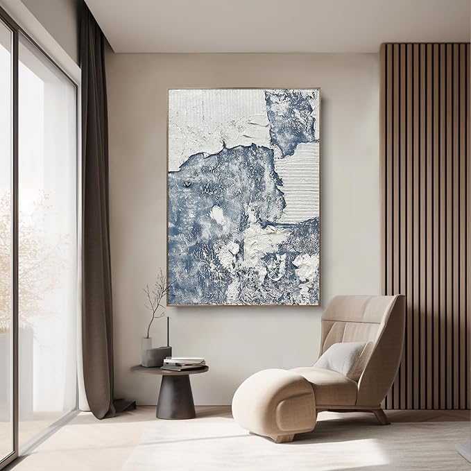 BrightA Office wall decorations with grand style. Large abstract hand-painted texture relief artworks, presenting the artistic charm of blue and white 47.2"x67"