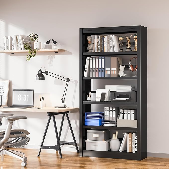 5 Tier Metal Bookshelf,69'' Tall Heavy Duty Bookcase with Adjustable Shelves,Black Large Modern Bookshelves,Industrial Open Bookcases for Library,Office,Study Room,Living Room