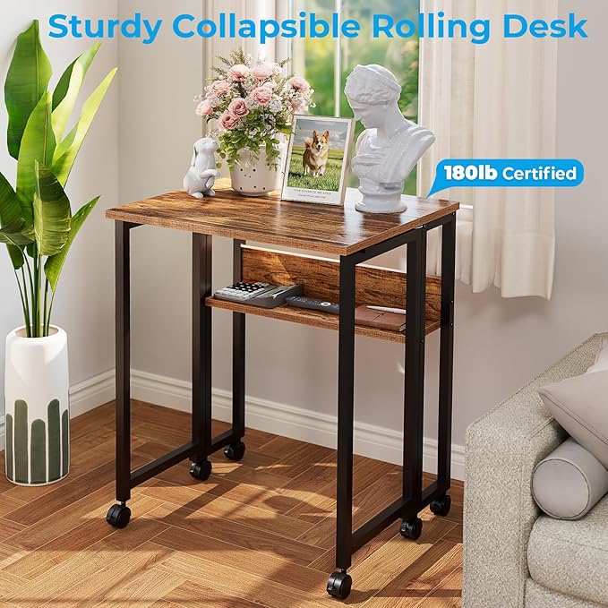 GreenForest Folding Desk Small Rolling Desk with Storage Shelf, 31.5 inch Foldable Computer Desk with Wheels for Small Space, Easy Assembly,Walnut