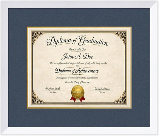 Diploma Frame Bright White with Navy Blue Over Gold Double Mat - Fits 14 x 11 College Diploma (Modern) Wall Display Made in the USA