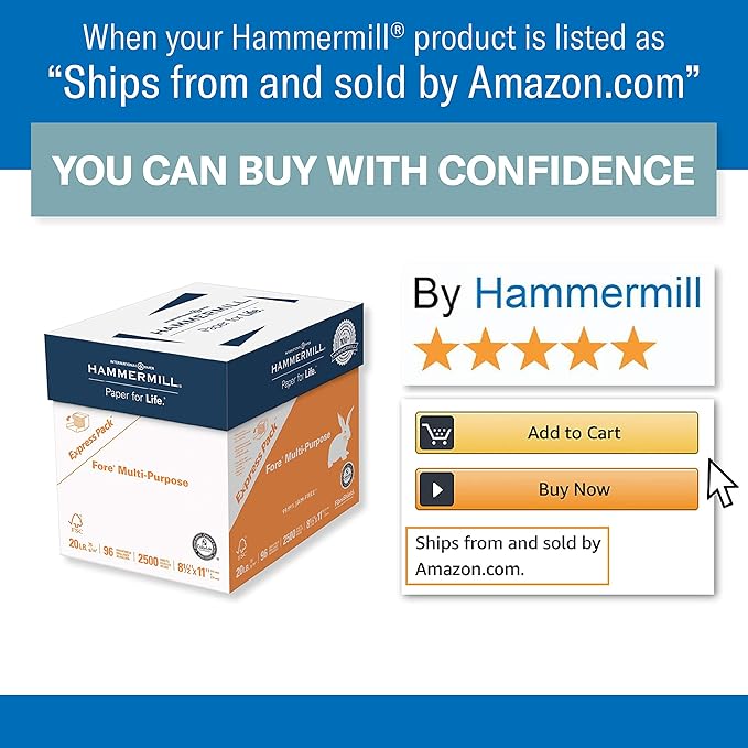 Hammermill Printer Paper, Fore Multipurpose 20 lb Copy Paper, 8.5 x 11 - Express Pack (2,500 Sheets) - 96 Bright, Made in the USA, 163121
