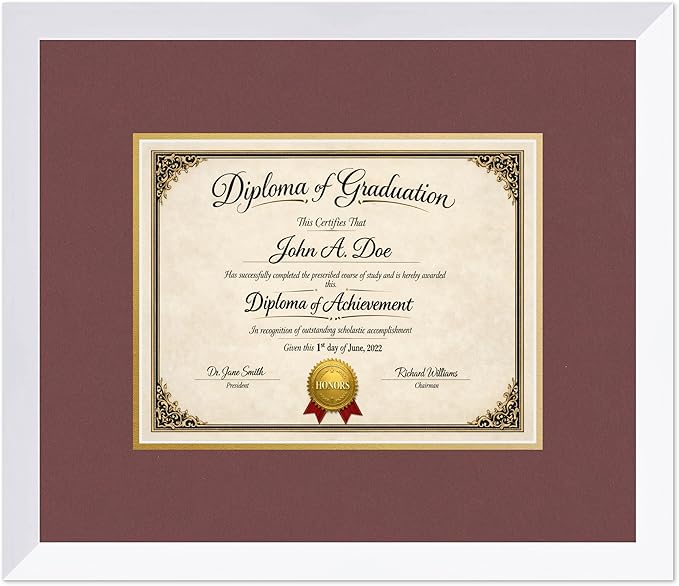 Diploma Frame Bright White with Dark Red Over Gold Double Mat - Fits 11 x 8.5 US Letter Certificate Wall Display Made in the USA