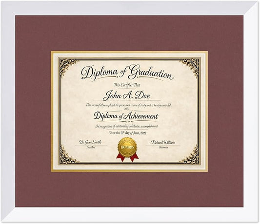 Diploma Frame Bright White with Dark Red Over Gold Double Mat - Fits 11 x 8.5 US Letter Certificate Wall Display Made in the USA
