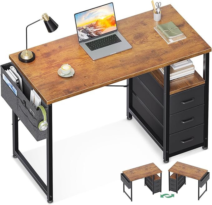 AODK 40" Small Computer Desk with Fabric Drawer, Kids Girls Teen Study Writing Desk for Bedroom, Home Office Desk with Storage Shelf & Bag for Small Space, Vintage