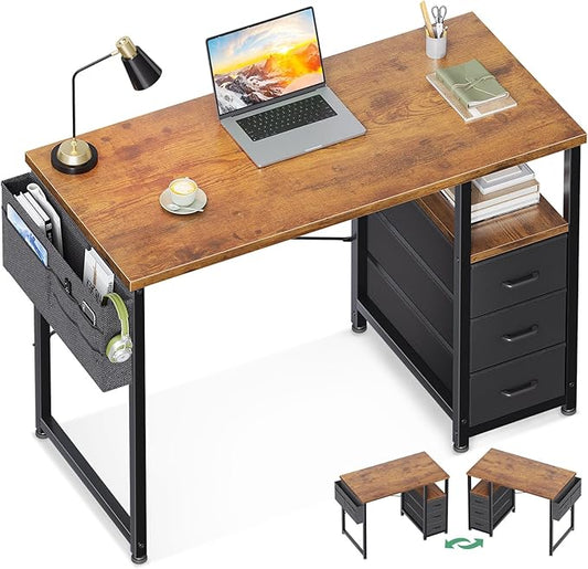 AODK 40" Small Computer Desk with Fabric Drawer, Kids Girls Teen Study Writing Desk for Bedroom, Home Office Desk with Storage Shelf & Bag for Small Space, Vintage