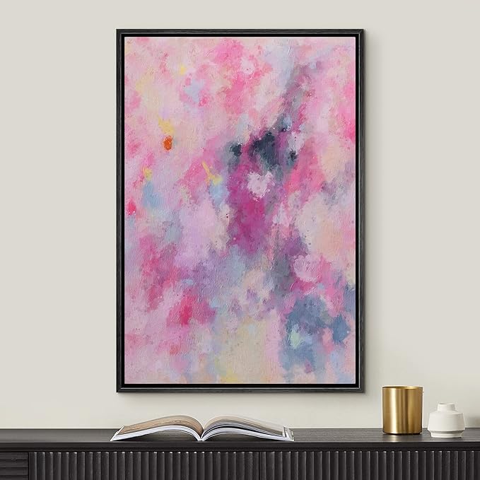 MUDECOR Framed Canvas Print Wall Art Teal Vibrant Pink Pastel Watercolor Paint Strokes Abstract Shape Illustrations Modern Art Decorative Relax/Calm for Living Room, Bedroom, Office - 24"x36" Black