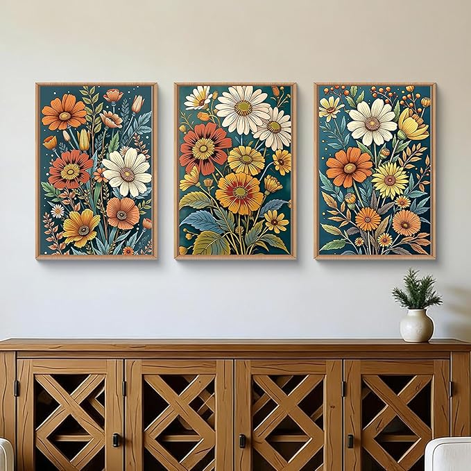 HOURIA Spring Boho Vintage Floral Framed Canvas Wall Art Set,Nordic Retro Colorful Wildflower & Green Leaves Wall Decor,Abstract Vibrant Bouquet Botanical Artwork for Living Room, Bedroom,Farmhouse-24"x36"x3