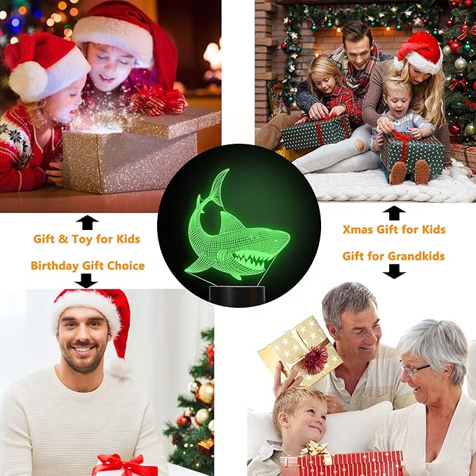 FULLOSUN Shark 3D Illusion Night Light Animal Touch Table Desk Lamp, with Remote Control 16 Colors Optical USB LED Nightlight for Kids Holiday Gift Room Decoration
