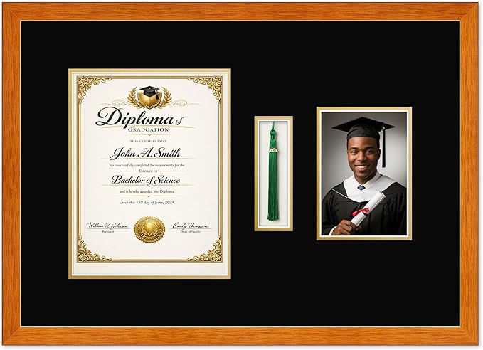 CountryArtHouse Diploma Tassel and Photo Shadowbox Fits 8.5 x 11 Certificate (Portrait) with Tassel Hook and 5 Honey Oak Genuine Hardwood with Black Over Metallic Gold Double mat