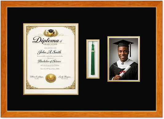 CountryArtHouse Diploma Tassel and Photo Shadowbox Fits 8.5 x 11 Certificate (Portrait) with Tassel Hook and 5 Honey Oak Genuine Hardwood with Black Over Metallic Gold Double mat