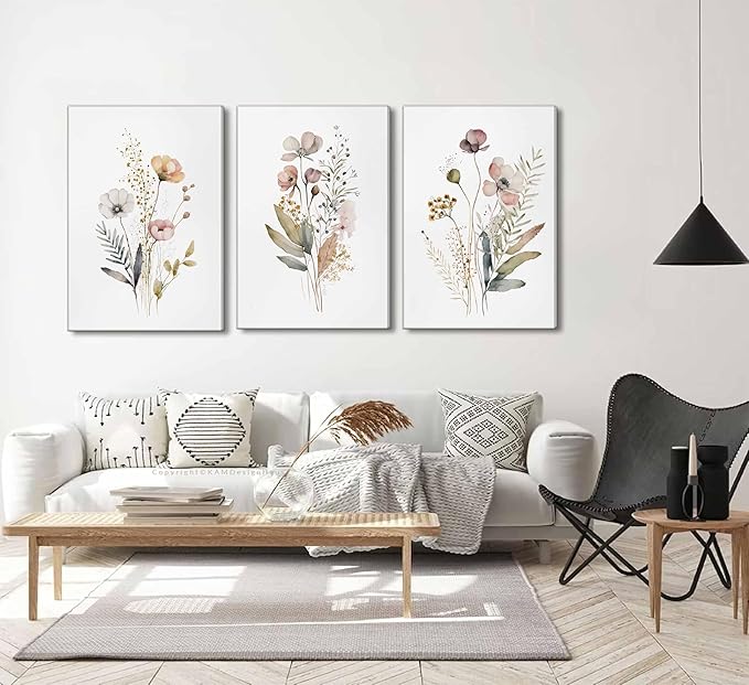 3Pcs Watercolor Wildflower Canvas Wall Art Modern Minimalist Colorful Botanical Floral Painting Pictures Wall Decor Flower Posters Print Artwork for Living Room Bedroom Woman's room Home Decoration