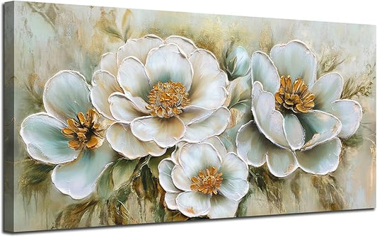 Arjun Vintage Wall Art Canvas Flower for Living Room, Rustic Floral Painting Bedroom, Teal Gold Textured Picture Framed Artwork Dining Room Kitchen Home Office Wall Decor, Large 48"x24"