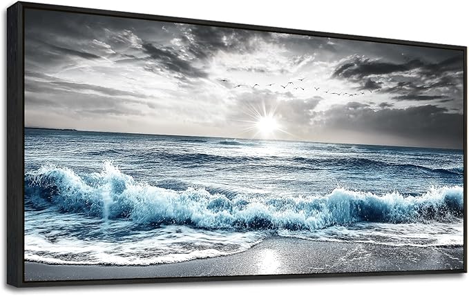 KELIYUAN Wall Decor For Living Room Canvas Wall Art For Bedroom Office Black And White Pictures Beach Wave Scenery Murals Artwork For Modern Stretched and Framed Beach Posters Home Decor 20"X40"