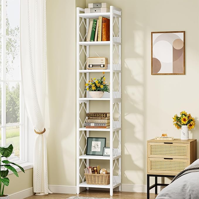 Tribesigns 78.7 Inch Extra Tall Narrow Bookshelf Set of 2, 7 Tier Skinny Bookcase for Small Spaces, Freestanding Display Shelves, Multifunctional Corner Storage Organizer for Home Office, White
