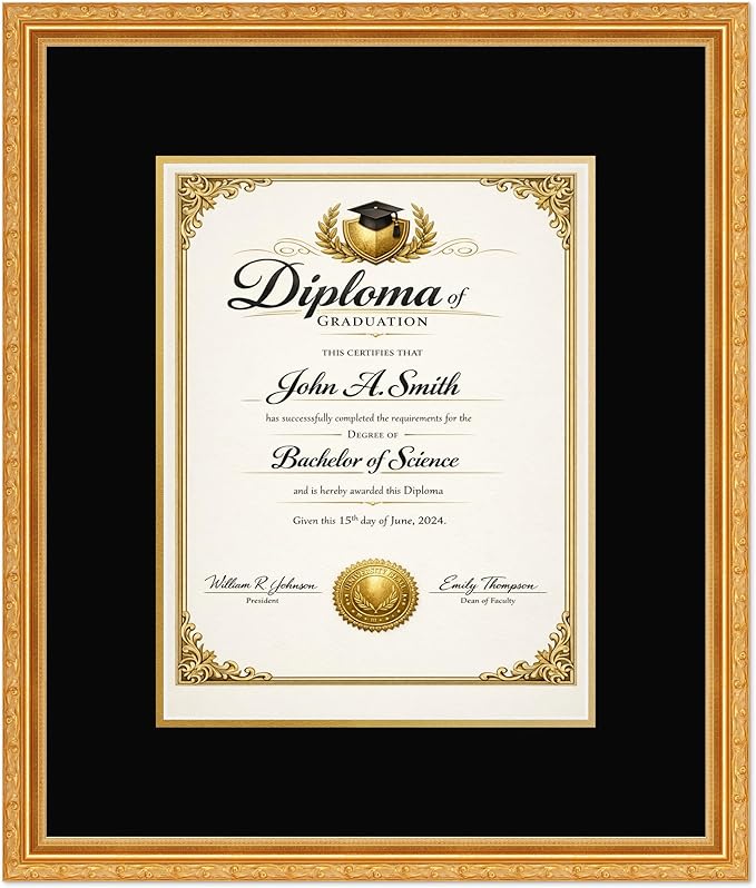 CountryArtHouse Diploma Frame Fits 10 x 13 College Diploma (Portrait Traditional) - Keepsake Graduation Displ Museum Gold Genuine Hardwood with Black Over Metallic Gold Double mat