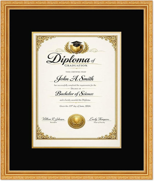 CountryArtHouse Diploma Frame Fits 10 x 13 College Diploma (Portrait Traditional) - Keepsake Graduation Displ Museum Gold Genuine Hardwood with Black Over Metallic Gold Double mat