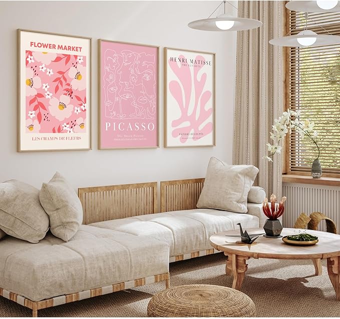Matisse Abstract Wall Art Decor Pink Flower Canvas Pictures Picasso Aesthetic Wall Art Henri Matisse Prints Poster Abstract Flower Painting Market Artwork for Bedroom 12x16 Inch Unframed Set of 3