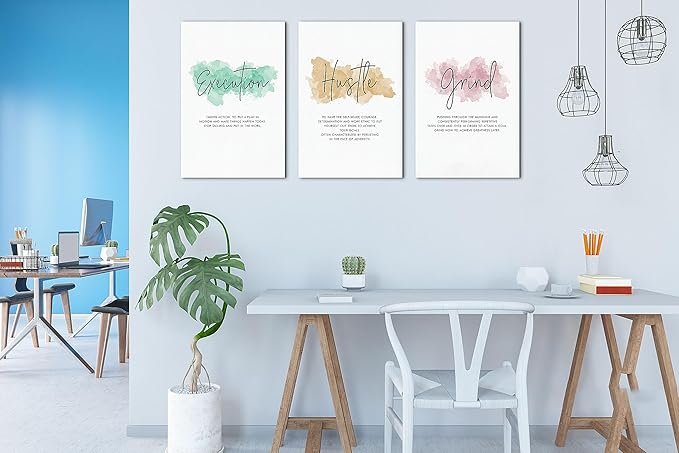 SHMAO Office Canvas Wall Art Motivational Wall Decor, 3 Piece Execution Hustle Grind Print Pictures for Office Wall Decor Women Inspirational Framed Artwork Home Office Decor 16”x24”x3 Panels