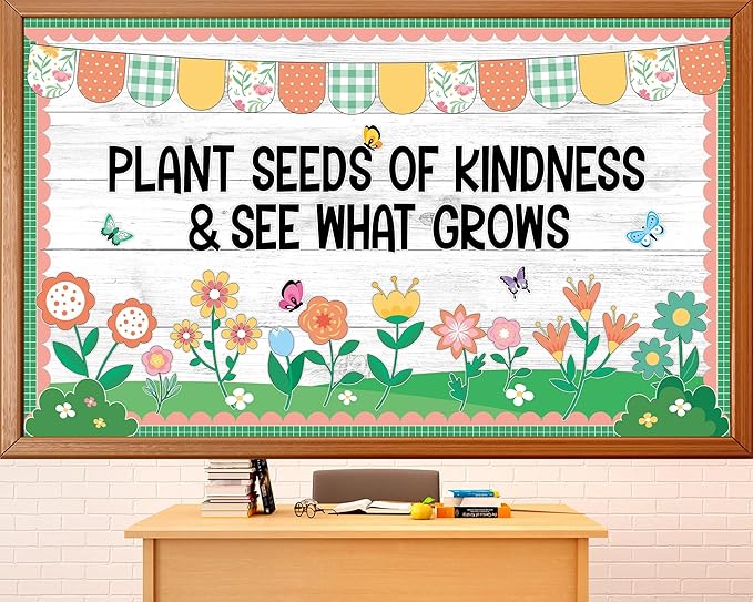 Spring Kindness Bulletin Board Set Plant Kindness Classroom Decoration Colorful Flowers Butterflies Paper Cutouts for Back to School Home Nursery Chalkboard Wall Decor Springs Party Supplies