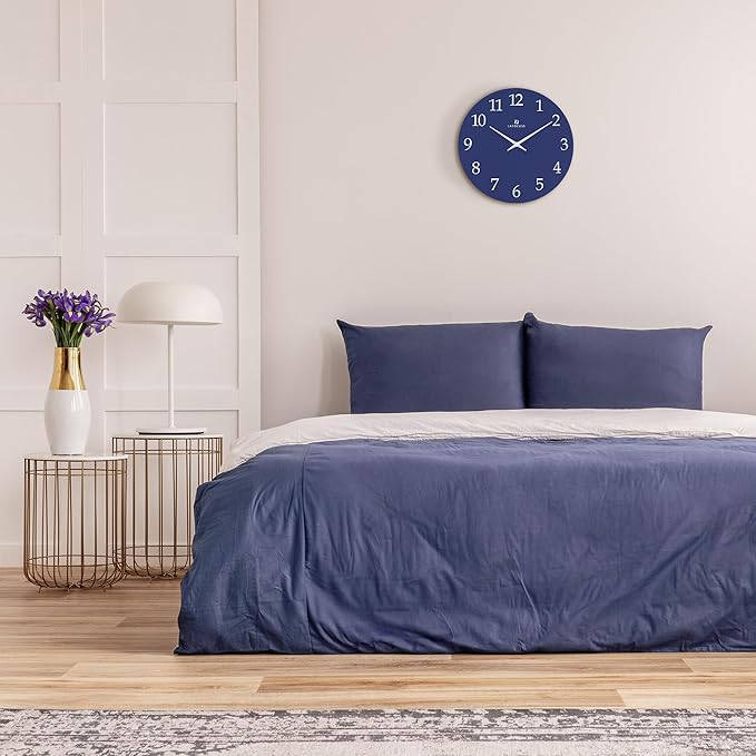 Lafocuse 12 Inch Wooden Navy Blue Wall Clock Battery Operated, Simple Minimalist Silent Kitchen Wall Clock for Living Room Decor Bedroom (Metal Hands)