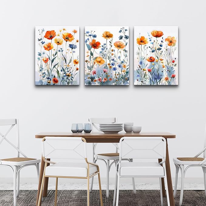 TTHYUEWS Large Canvas Wall Decor for Living Room Boho Wall Art for Bedroom Kitchen Family Room Wall Pictures Artwork Flowers Watercolour Paintings Modern Home Decor 3 Pieces