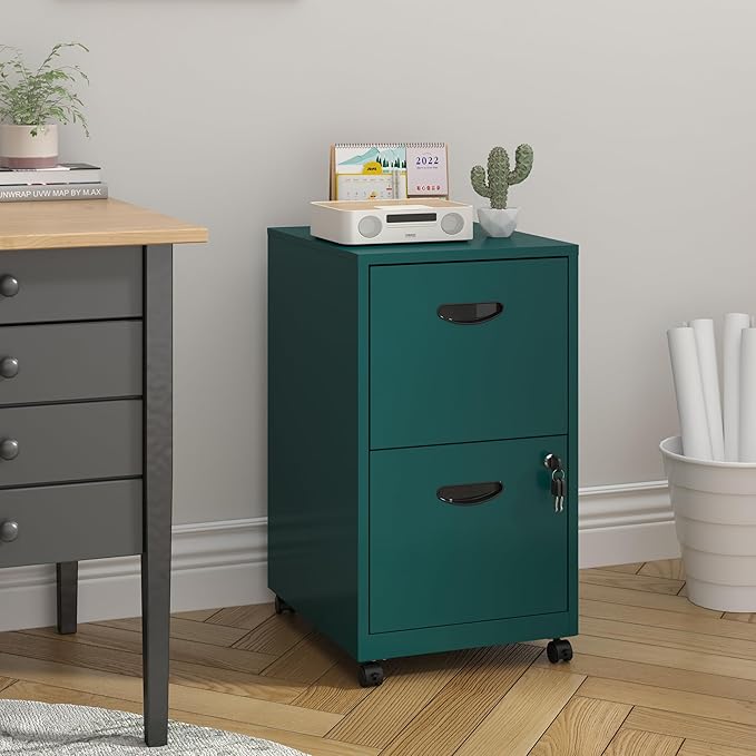 2 Drawer File Cabinet with Lock, Filing Cabinets with Wheels, Rolling File Cabinets for Home Office, Metal Office File Cabinet, Mobile Filing Cabinet for Holding Letters and File Boxes, Green