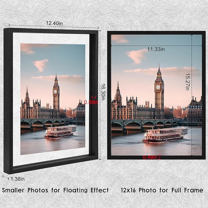 MUYE 12x16 Floating picture Frames Set of 2,Double Glass Frame,Display Any Size Photo up to 12x16,Wall Mount or Tabletop Standing,Black