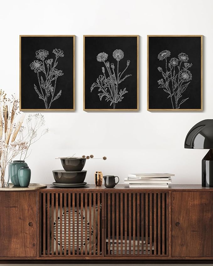 Drsoum Black White Flower Wall Art Vintage Minimalist Floral Wall Hanging Decor Botanical Prints Artwork for Office Dining Room Hallway 11x14in Natural Framed