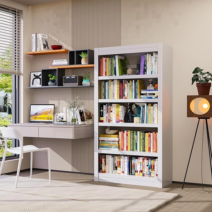 5 Tier White Bookshelf, 61" H Adjustable Bookshelf with Large Capacity, Suitable for Modern Storage Shelves in Living Rooms, Homes Offices, Garage, Sturdy Metal Bookshelf for Organizing