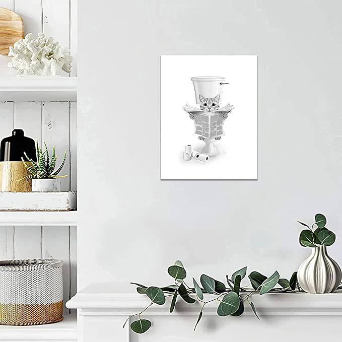 Cat Bathroom Wall Art Black and White Cat Pictures Wall Decor Funny Animal Canvas Painting Print Modern Home Decoration Artwork Framed 16"x20"