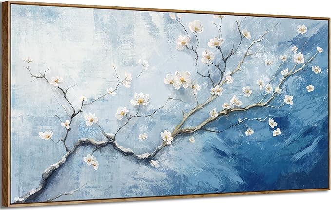 Extra Large Framed Floral Wall Art - 58x29 Inch Blue and White Plum Blossom Canvas Print with Wooden Frame - Elegant Botanical Decor for Bedroom & Living Room