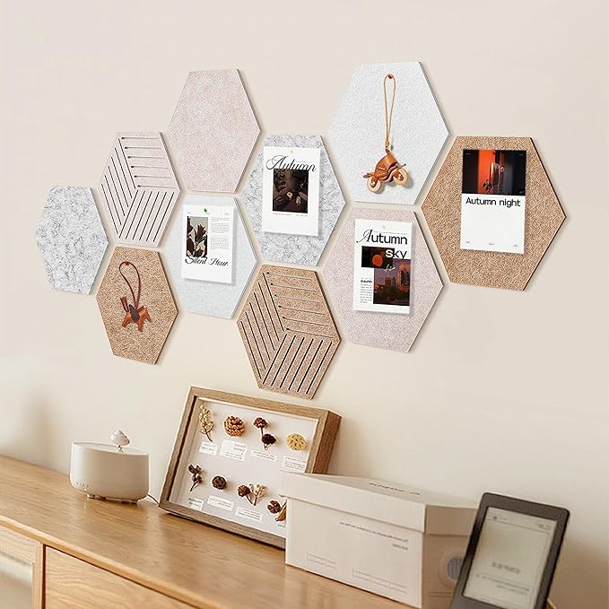 Fwpelt 12'' Large Hexagon Cork-Bulletin Board Tiles Adhesive 10 Pack Frameless Corkboard Hexagonal Prayer Vision Cork Board for Office Wall Decor, Hex Tack Pinboard with 30 Push Pins