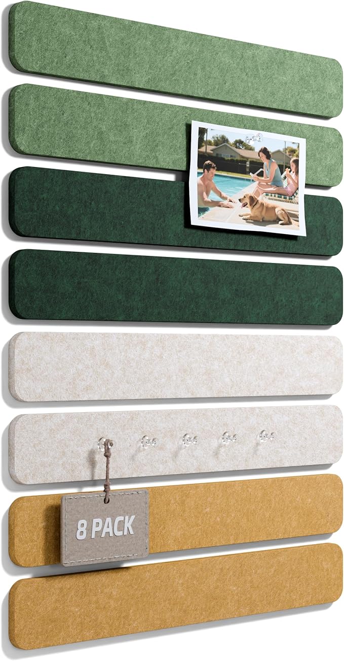 Cork Board Alternative Felt Strip Board 8-Pack 13"x2", Office Pin Board with 50 Push Pins, Adhesive Install for Bedroom Door & Home Office(Moss Glimmer)