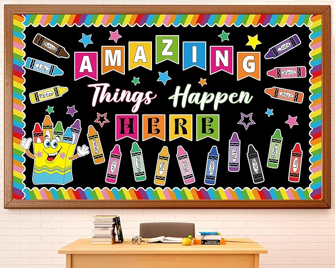 gisgfim 3D Crayon Bulletin Board Decorations Set Welcome Classroom Decor Amazing Things Happen Here Paper Cutouts Back to School Pencil Name Tag Bulletin Board Decor for School Home Chalkboard Wall