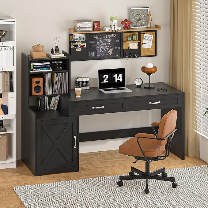 60" Computer Desk with 2 Drawer & Bookshelves, Home Office Desk with Storage Cabinet & Spacious Desktop, Writing Gaming Study Table with Bookcase, Black
