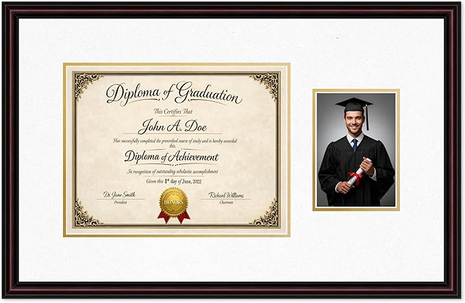 Diploma Frame With Photo Opening Executive Brown Oyster Shell Over Gold Mat - Fits 13 x 10 Degree and Picture Made in the USA