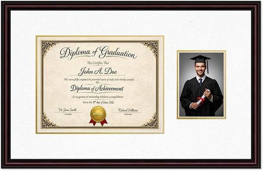Diploma Frame With Photo Opening Executive Brown Oyster Shell Over Gold Mat - Fits 13 x 10 Degree and Picture Made in the USA
