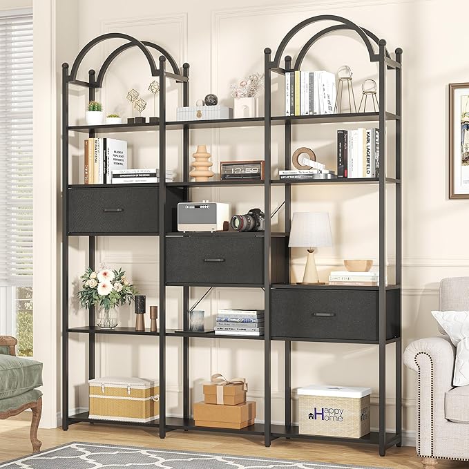 Semoic 83.5" Tall Arched Bookshelf, Triple Wide 6-Tier Large Open Book Shelf with 3 Drawers Storage, Etagere Bookcase with Display Shelf, Industrial Bookshelf with Metal Frame for Living Room, Black