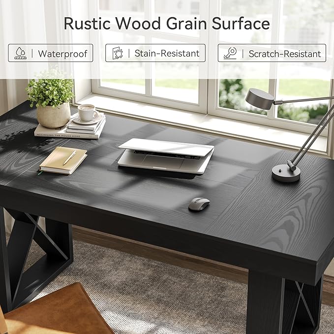 LITTLE TREE 63-Inch Long Computer Desk, Simple Wood Thick Appearance Design, Study Writing Gaming Work Executive Desk for Home Office, Black